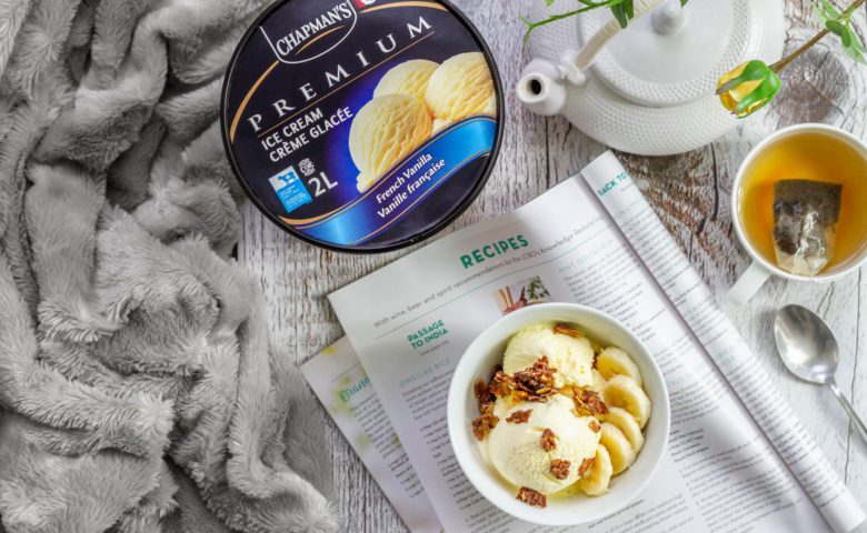 flat lay of a tub of Chapman's French Vanilla Ice Cream beside a recipe page in a magazine