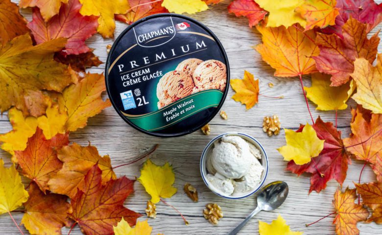 Chapman's Maple Walnut ice cream with maple leafs surrounding the tub