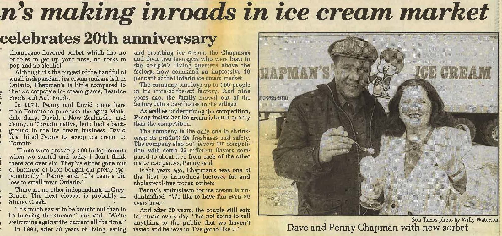 Sun Times article excerpt of David and Penny Chapman in 1993