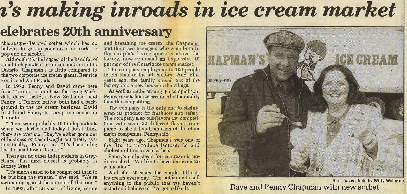 Sun Times article excerpt of David and Penny Chapman in 1993