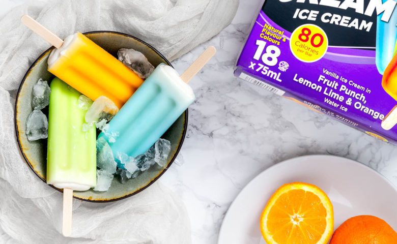 Chapman's Fruit Punch, Lemon Lime and Orange Super Creamy options in a bowl over ice