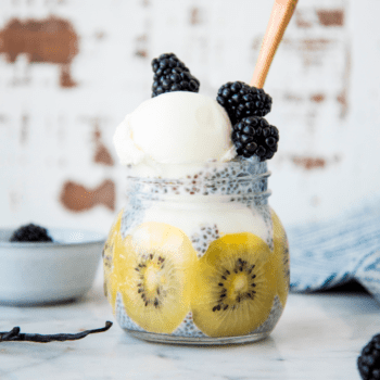 Chapman's Recipe_Vanilla Frozen Yogurt and Kiwi Parfait placed nicely into a square glass jar topped with blackberry