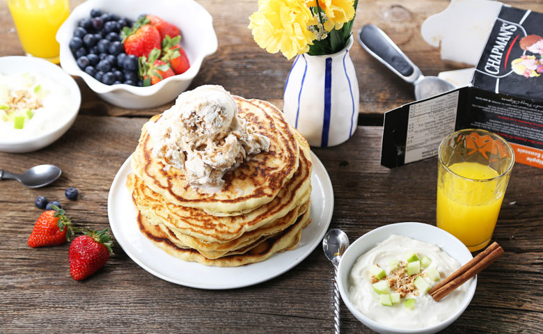 Pancake breakfast topped with Chapman's Ice Cream. Served along with berries and fresh juice