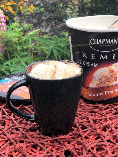 A scoop of Chapman's Caramel Praline ice cream in a cup of coffee