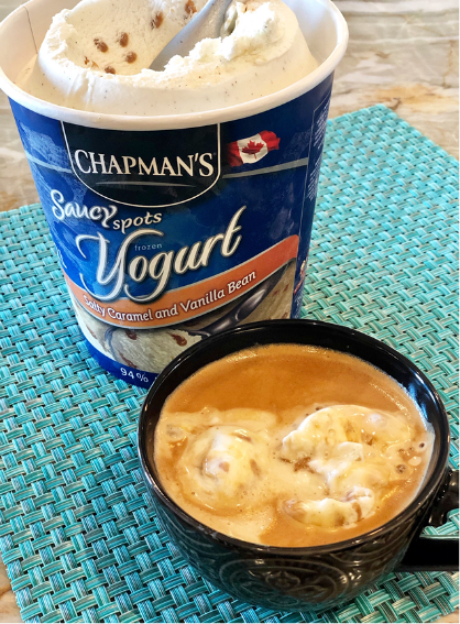 Chapman's Salty Caramel and Vanilla Bean Frozen Yogurt in a cup of coffee