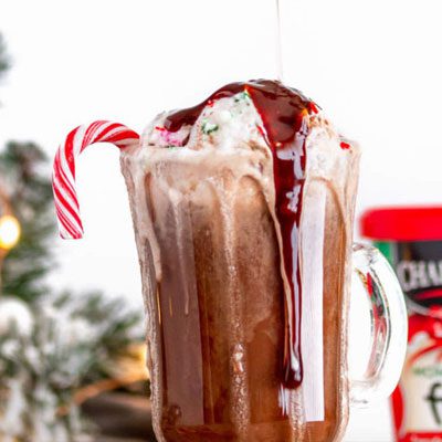 A tall glass of hot chocolate with a scoop of Chapman's Peppermint Twist Ice Cream with a candy cane sticking out the top of the glass