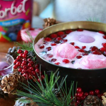 Chapman's Triple Berry Punch served in a bowl along with decorative pin cones