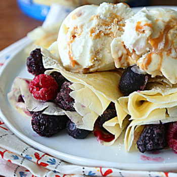 Salty Caramel Crepes with seasonal berries and frozen yogurt