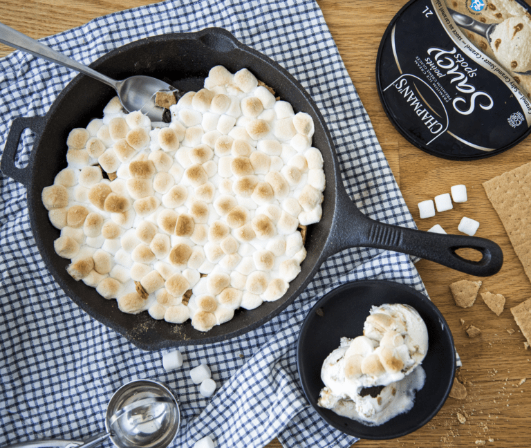 Cast Iron S’mores Skillet made with Chapman’s Caramel Saucy Spots Ice Cream