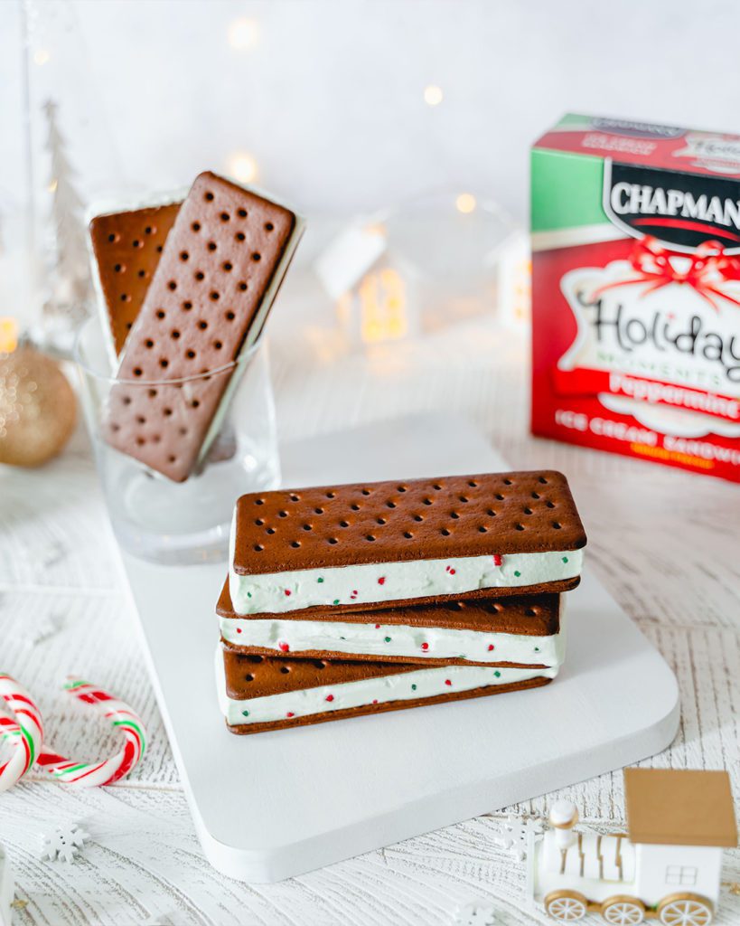 A stack of three Chapman's Peppermint Ice Cream Sandwiches on a white plate