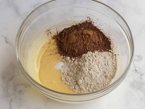 glass mixing bowl with oat flour and cocoa unmixed on top of batter