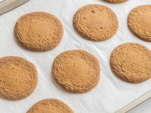 golden brown baked gingerbread cookies resting on a parchment lined baking sheet