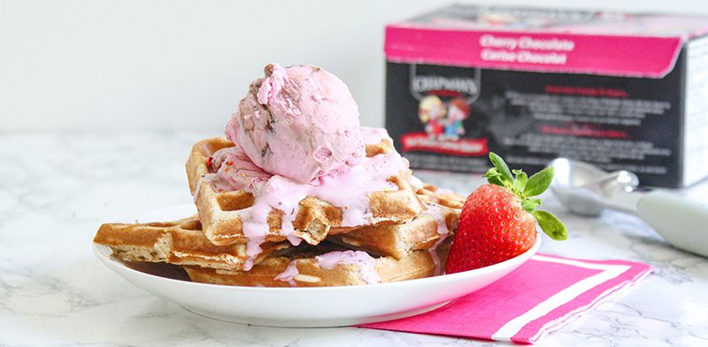 Original Cherry Chocolate ice cream sccop on top of waffles