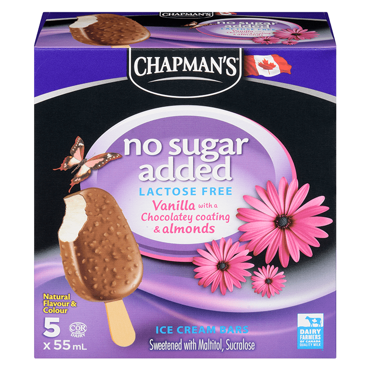 Box of No Sugar Added Vanilla with a Chocolatey Coating and Almonds Ice Cream Bars