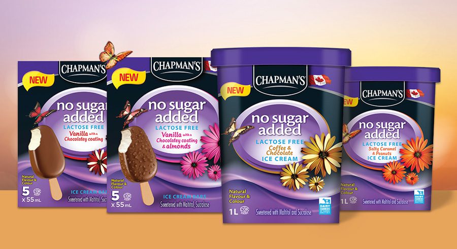 Chapman's new for 2022 NSA Ice Cream Bars and two new 1L Ice Cream tubs product packaging on an orange surface and sunset coloured background