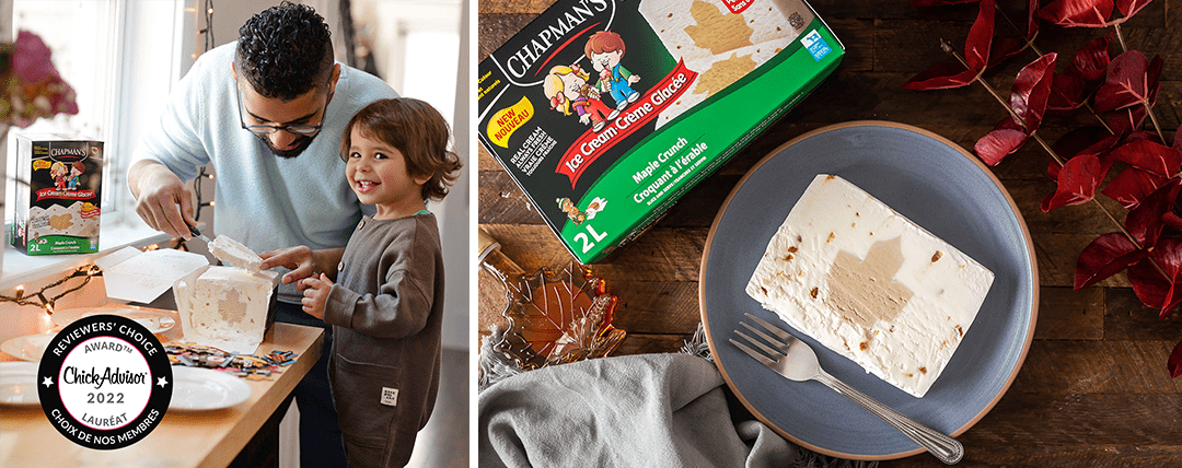 a dad and his son in the kitchen slicing Chapman's award-winning Maple Crunch ice cream beside a photo of a slice of Maple Crunch ice cream on a plate