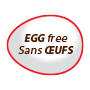 A white oval shape with a red outline with bilingual text in the center that reads Egg Free