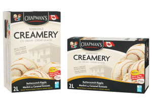 Two boxes of Chapman's Markdale Creamery Butterscotch Ripple ice cream, circa 2023, side by side on a white background.