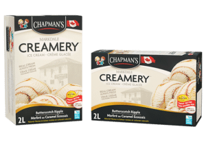 Two boxes of Chapman's Markdale Creamery Butterscotch Ripple ice cream, circa 2023, side by side on a white background.