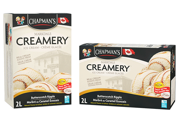 Two boxes of Chapman's Markdale Creamery Butterscotch Ripple ice cream, circa 2023, side by side on a white background.