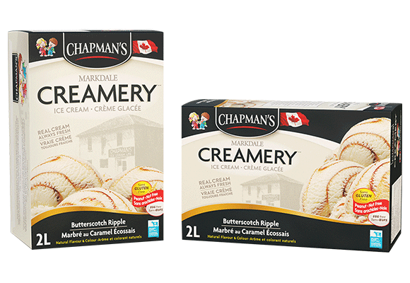 Two boxes of Chapman's Markdale Creamery Butterscotch Ripple ice cream, circa 2023, side by side on a white background.