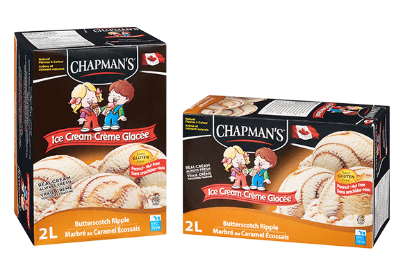 Two boxes of Chapman's original Butterscotch Ripple ice cream, circa 1991, side by side on a white background.