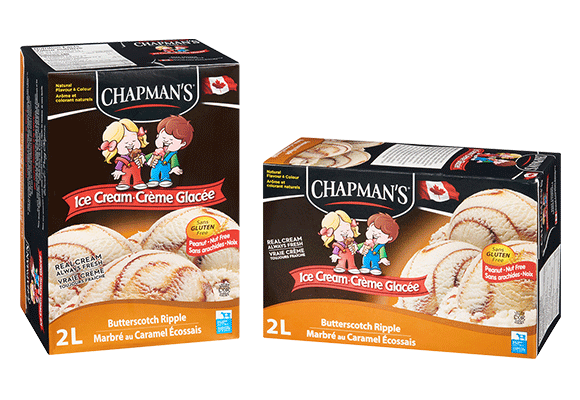 Two boxes of Chapman's original Butterscotch Ripple ice cream, circa 1991, side by side on a white background.