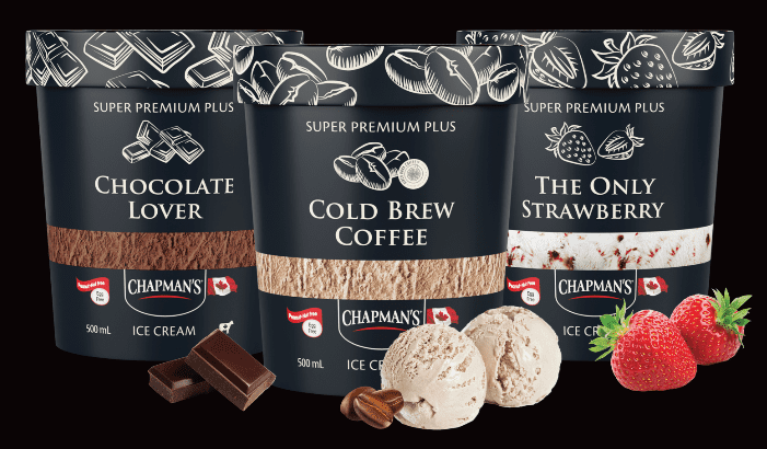 Three tubs of Super Premium Plus ice cream side by side on a black background. Chocolate Lover, Cold Brew Coffee and The Only Strawberry
