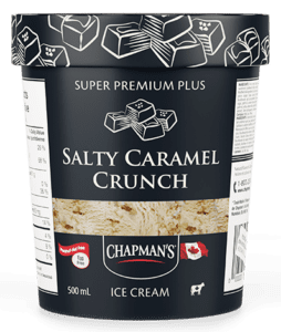 A tub of Chapman's Super Premium Plus Salty Caramel Crunch ice cream