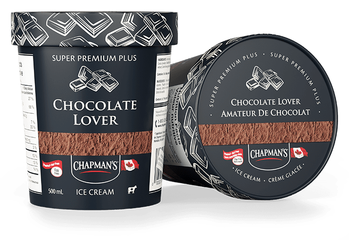 Two tubs of Super Premium Plus Chocolate Lover ice cream. One is upright, while the other is on its side so you can see the top of the lid.