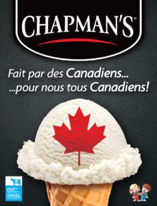Image of a Chapman's poster with a vanilla ice cream scoop with a red maple leaf overlaying the ice cream. Text is in French.
